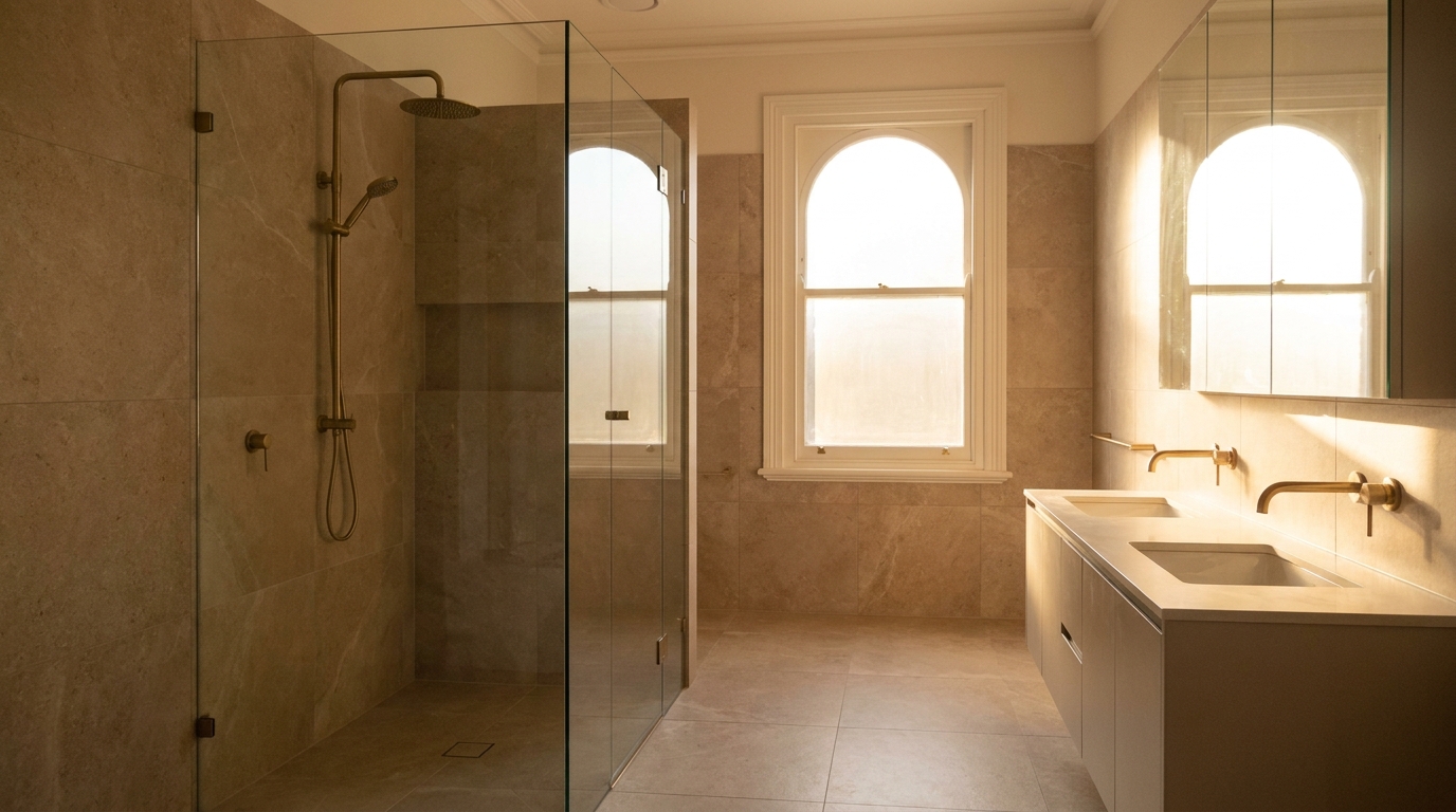 Finished luxury Melbourne ensuite at golden hour, floor-to-ceiling stone-look porcelain, frameless walk-in shower with seamless grout lines carrying through the corners, brushed-brass fixtures