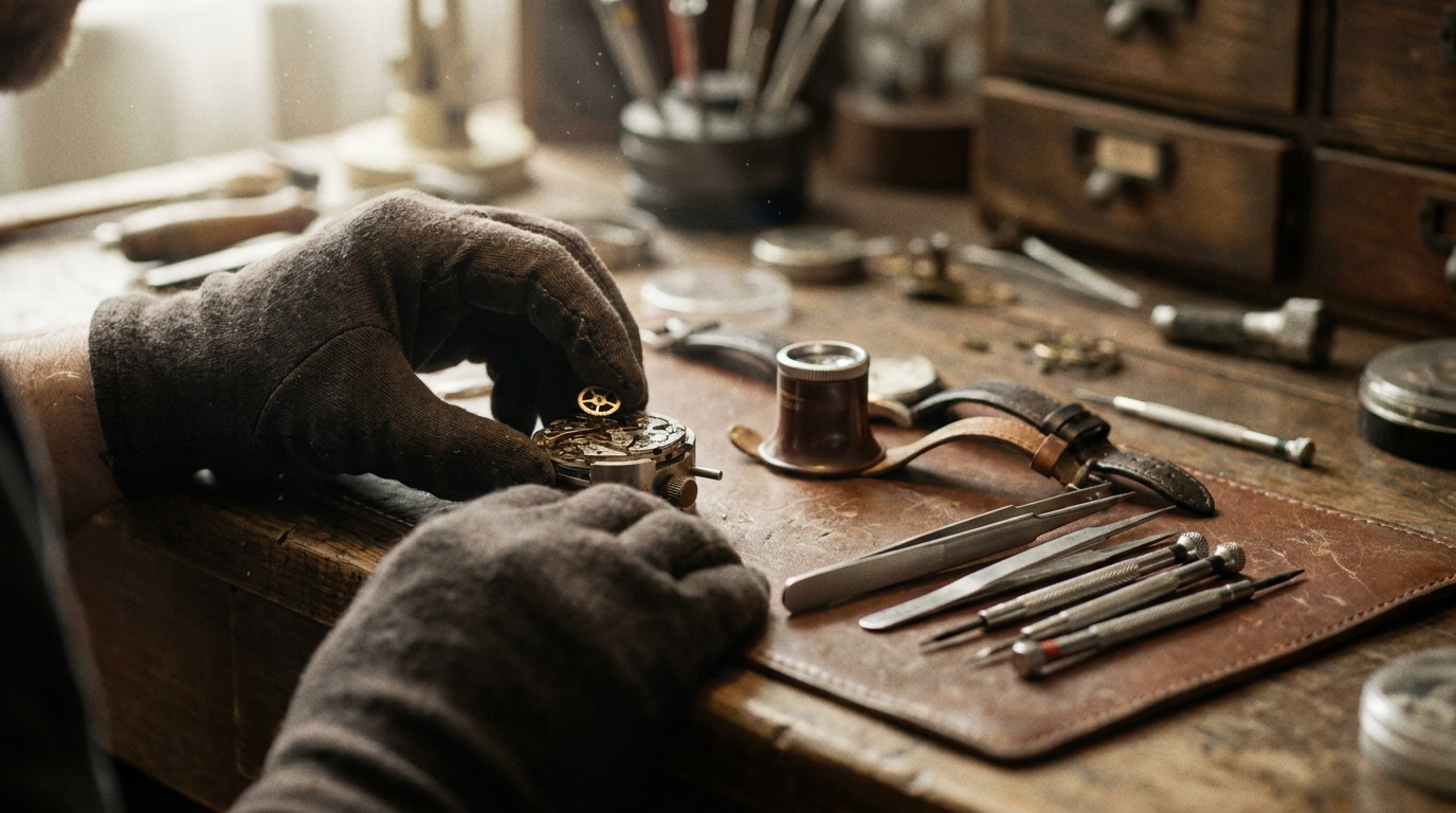 Gloved hands assembling a fine mechanical movement at a precision workbench, brass gears and exact tools laid on leather
