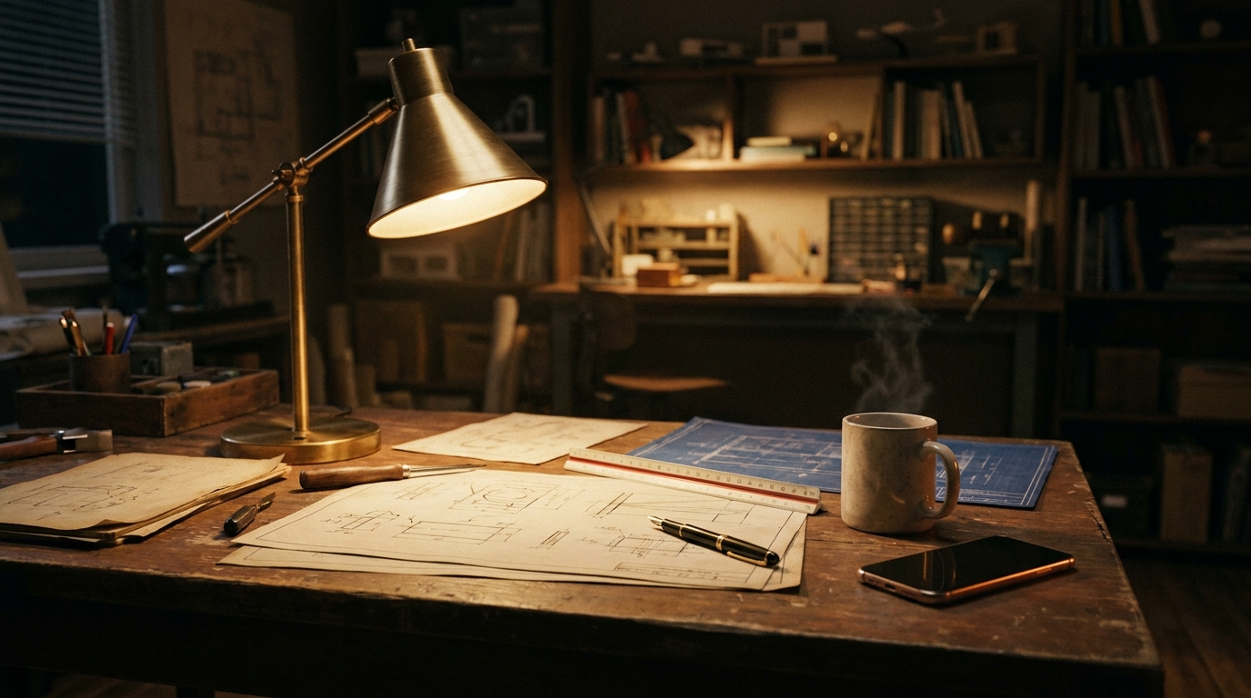A maker's night studio: a brass desk lamp over hand-drawn technical drawings, a scale rule and a phone resting face-down in warm light