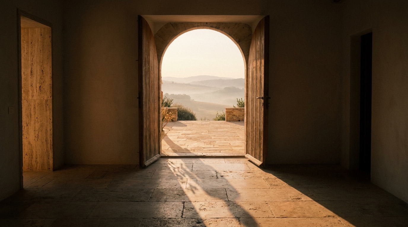 An arched doorway opening from a dim travertine interior onto sunlit hills at golden hour, long shadows across a stone floor