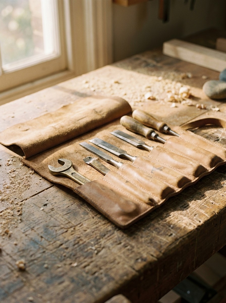 A leather tool roll opened out on a scarred workbench in late window light