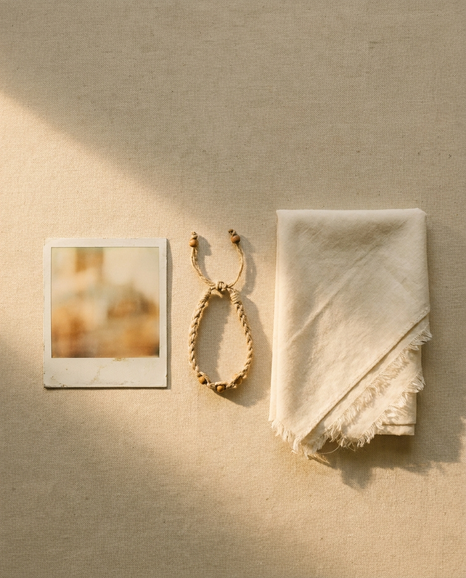 Editorial flat-lay — faded Polaroid, woven wristband, folded cream bandana