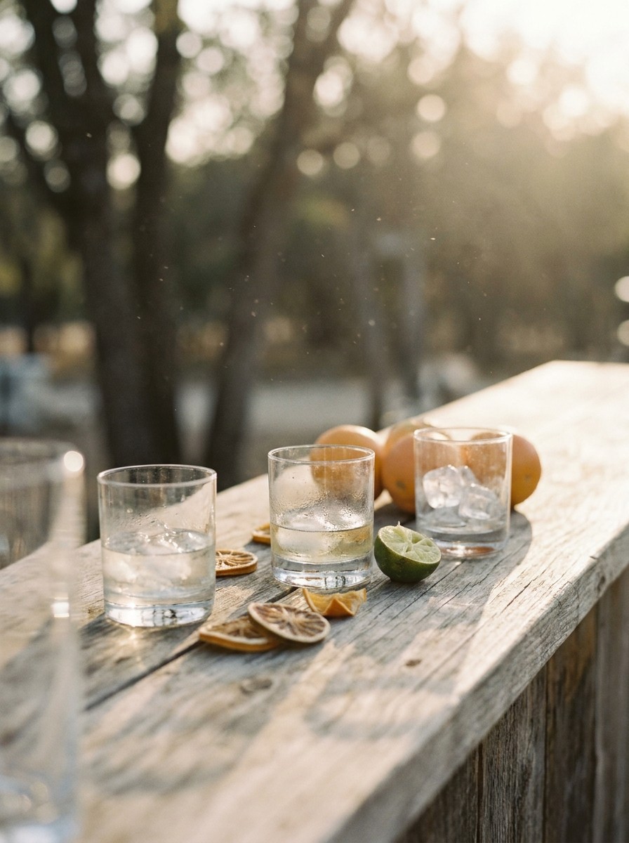 A weathered bar top at golden hour, empty glasses and spent citrus