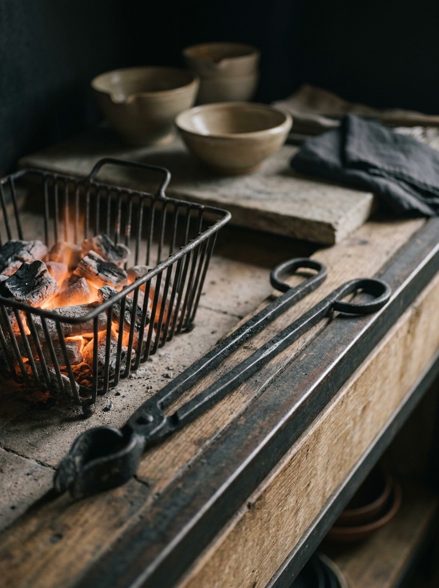 Charcoal embers banked in a steel grill basket with iron tongs resting across it
