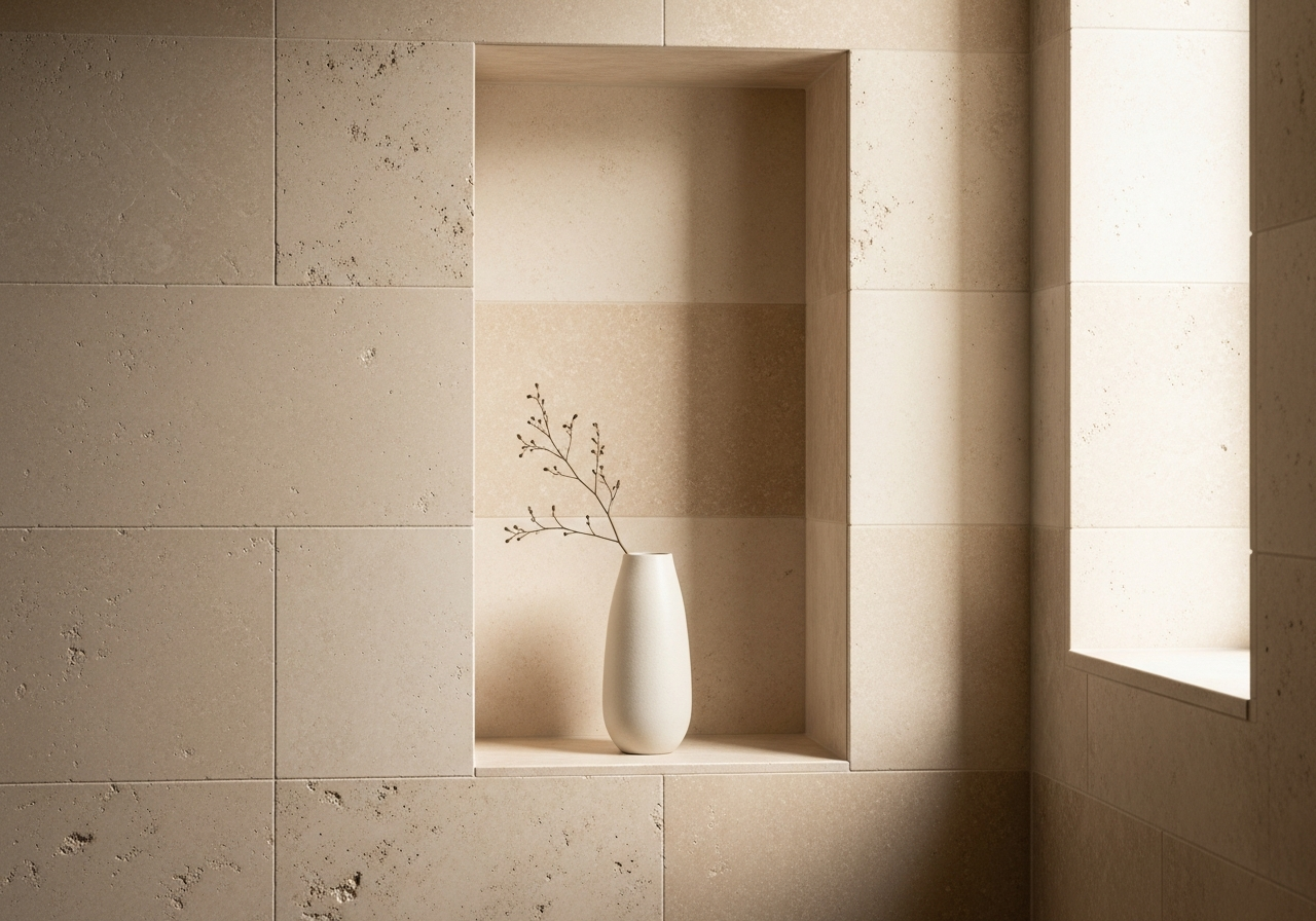 Travertine-walled bedroom
