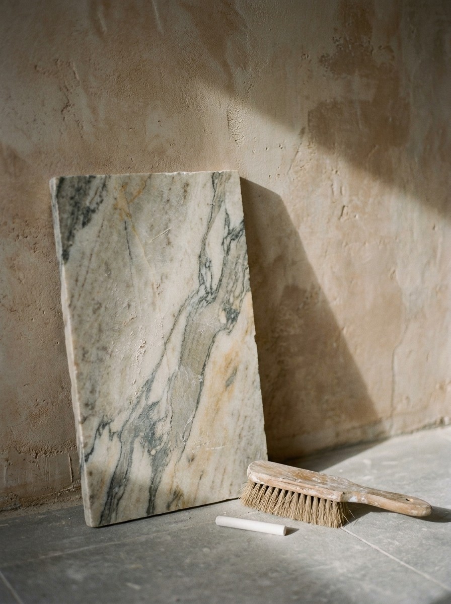 A slab of veined marble leaning against a plastered wall beside a mason's brush