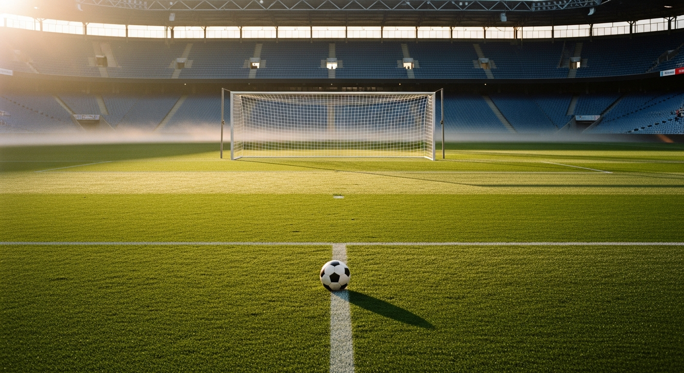 Editorial wide — empty goalkeeper's net at golden hour, single football on the line