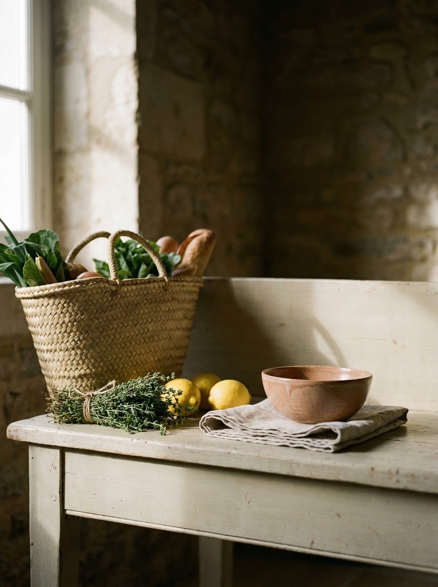 A market basket, herbs, lemons and a clay bowl set down on a kitchen bench in late afternoon light