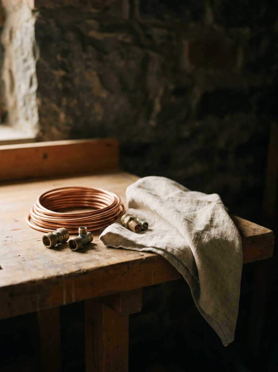 A coil of copper cable and brass fittings on a workbench beside a folded cloth
