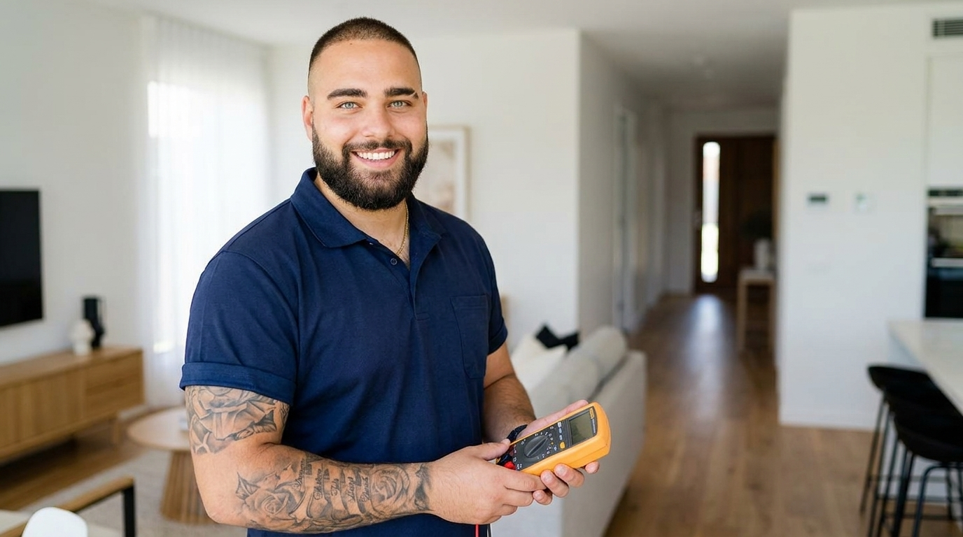 Andrea in a navy polo holding a multimeter, warm workshop light