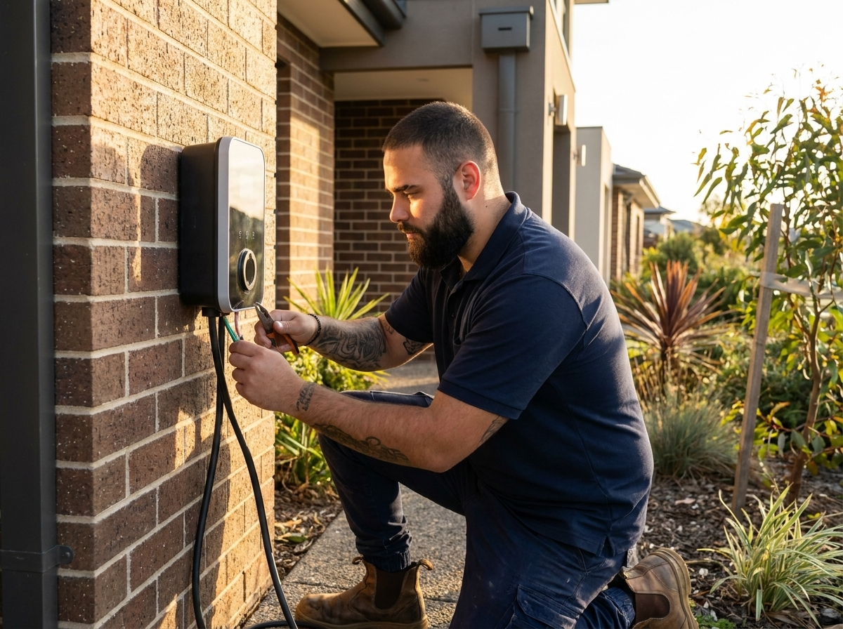 Electrician installing a wall-mounted EV charger in a residential garage