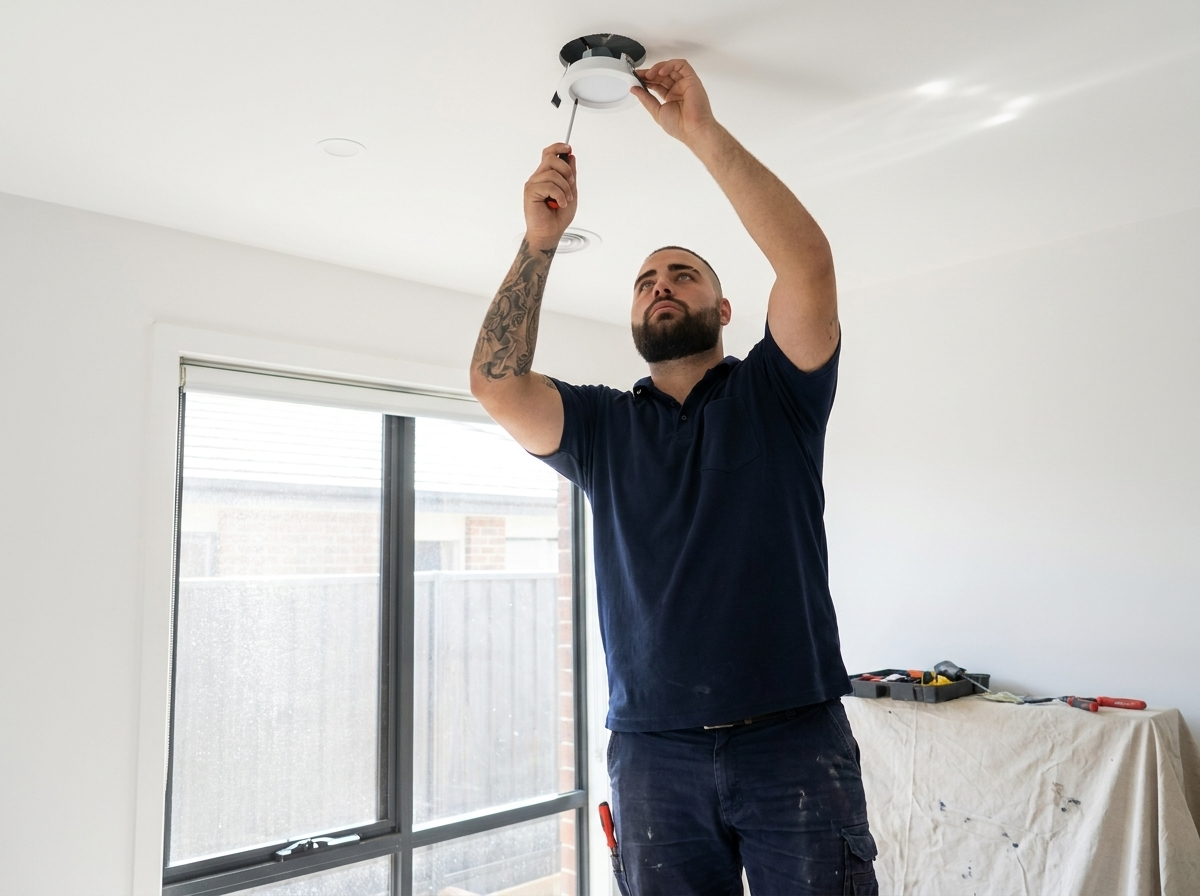 Electrician fitting downlights in a bright residential ceiling
