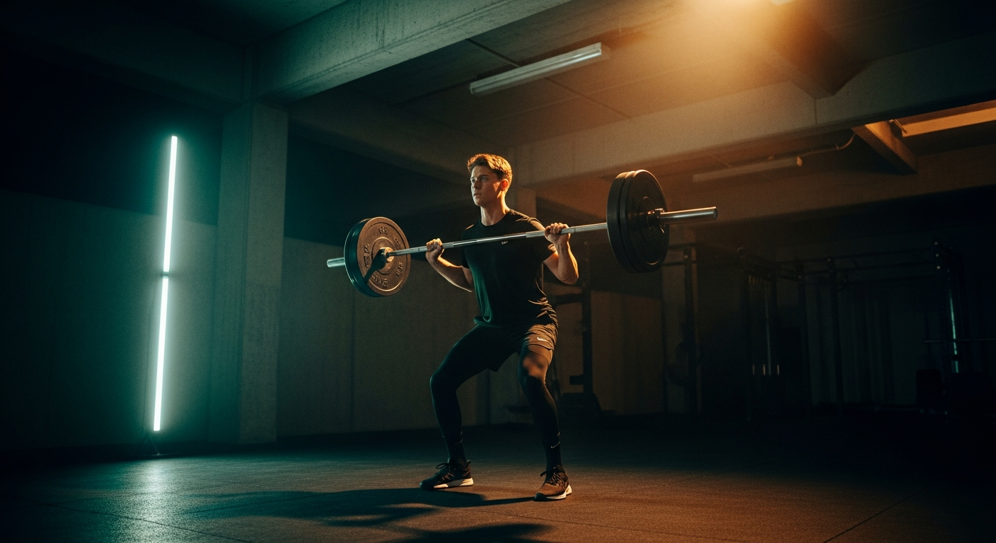 Editorial wide — athlete training in a concrete facility under volt-green rim-light