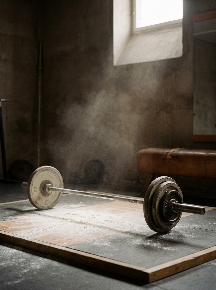 A loaded barbell on a chalked platform, chalk dust in a shaft of window light