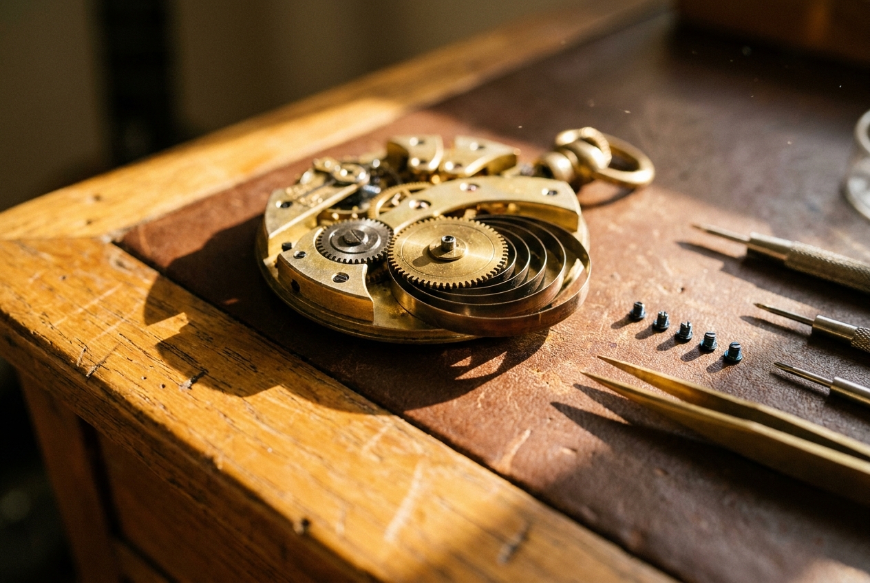 The exposed internals of a fine mechanical movement on leather. Brass gears and exact steel tools in warm side light