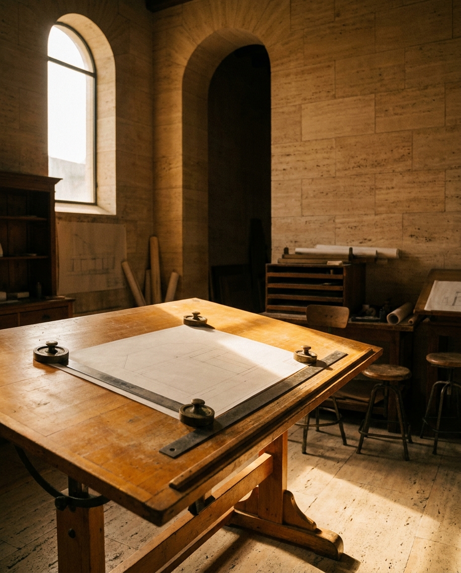 A grand atelier with tall windows and a large-format drafting table in travertine, brass and dark timber