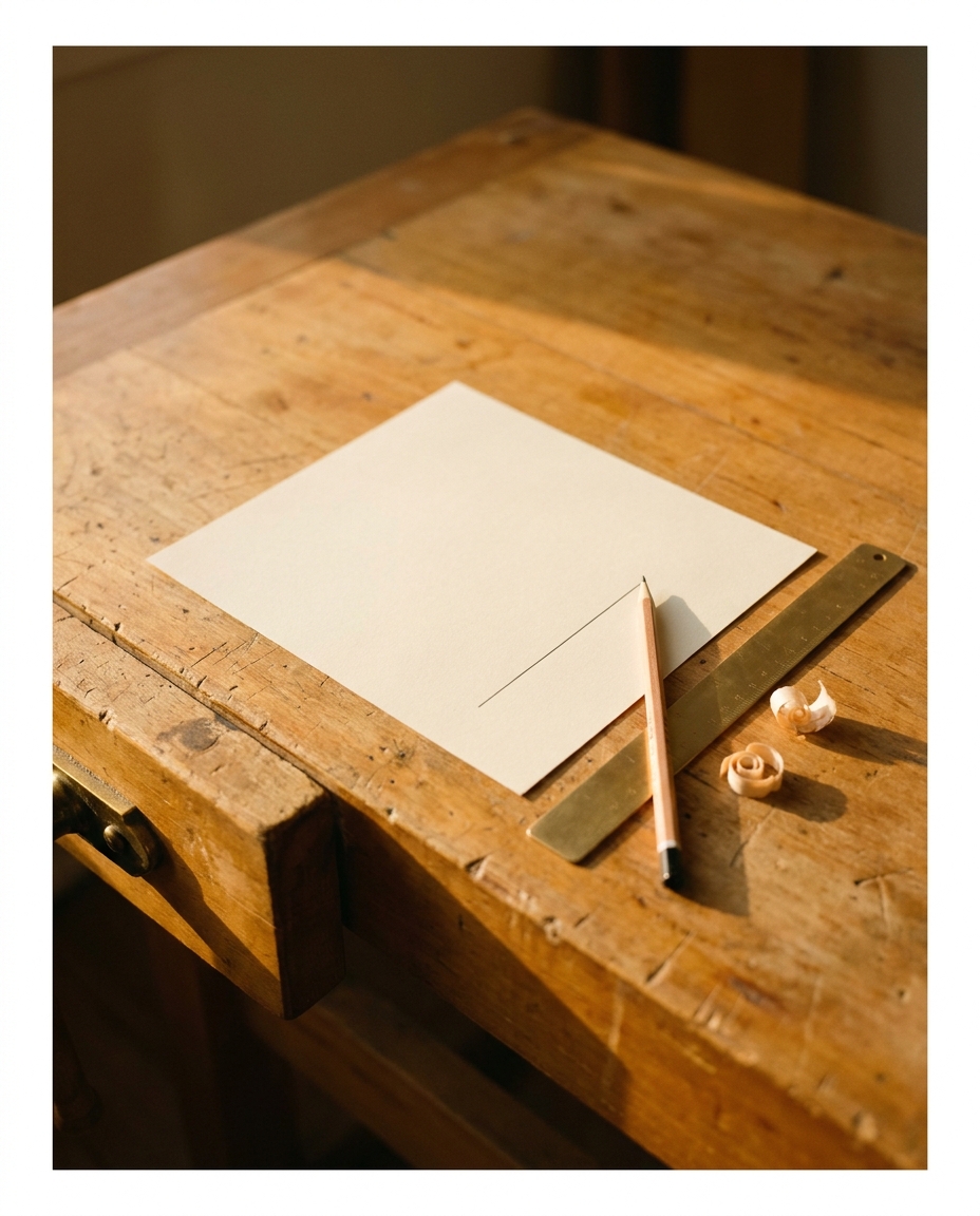A single sheet of cream paper with one confident ruled line on a clean desk in morning light