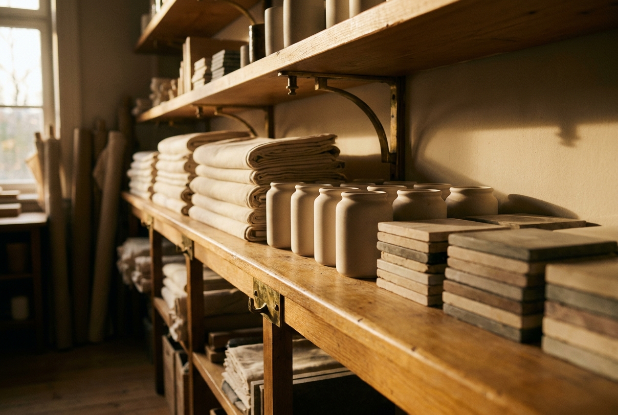 Neat rows of stock and material samples on warm timber shelving in ordered repetition, calm directional light
