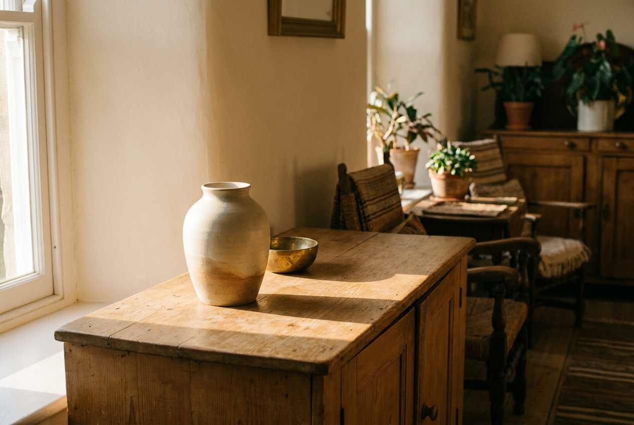 A single ceramic vessel on a sunlit timber sideboard in a considered interior, golden light and a long soft shadow