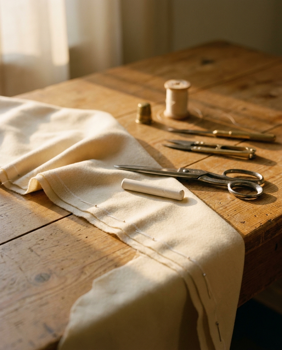 A tailor's worktable mid-craft: folded cloth, chalk, shears and a measuring tape on aged timber in warm raking light