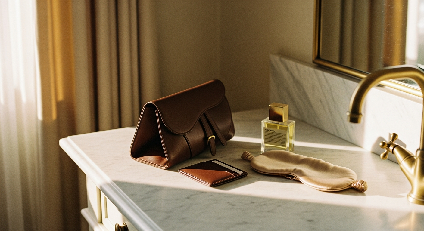 Editorial overhead — saddle-leather travel pouch on Carrara marble