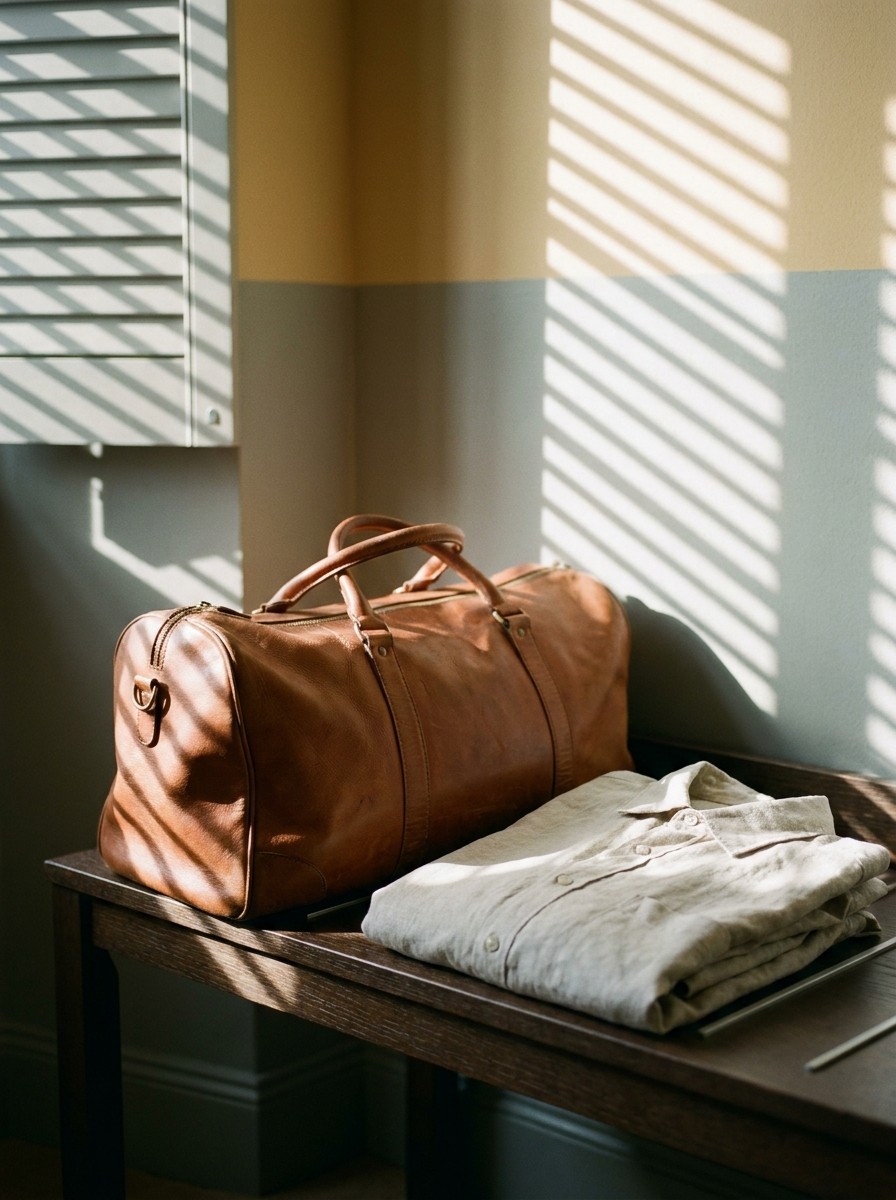 A leather holdall and folded linen on a bench, shutters striping the light