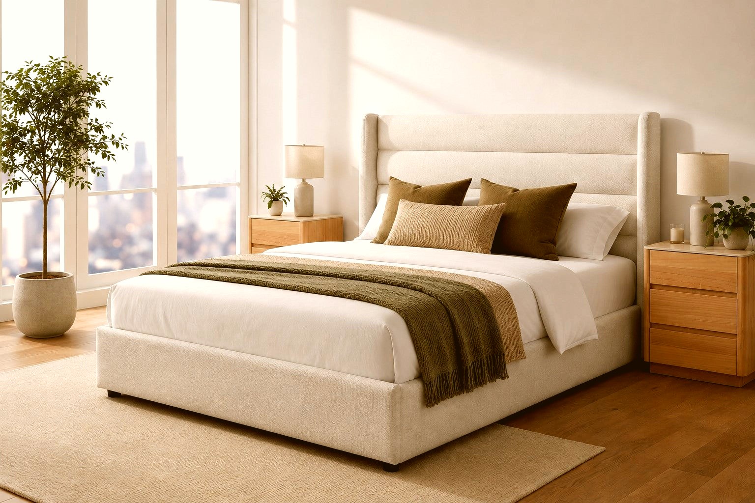 Oak-framed bed in a plaster-walled bedroom, low morning light