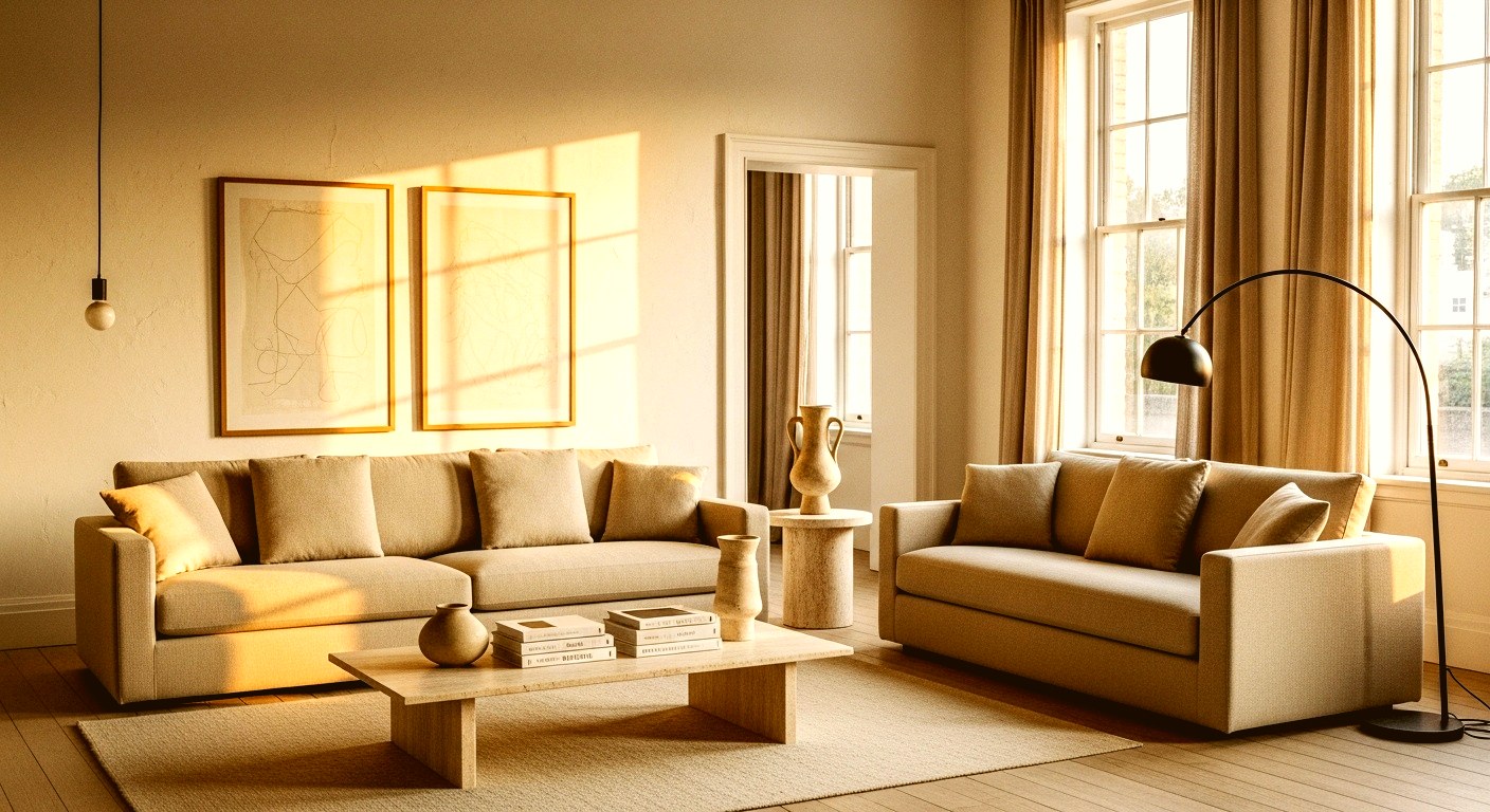 Warm living room at golden hour: two fabric sofas, travertine coffee table, arched floor lamp