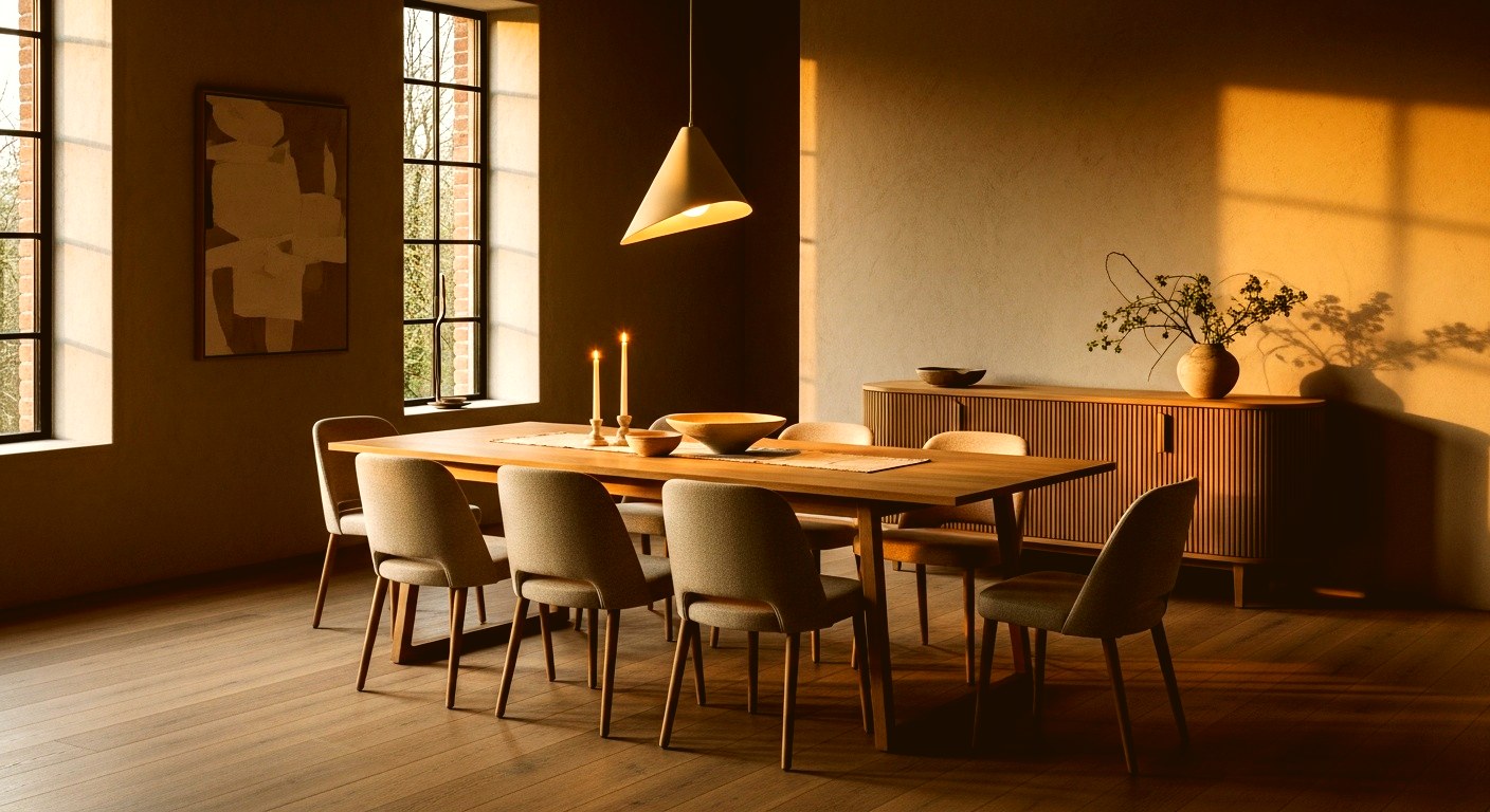 Timber dining table with upholstered chairs under a conical pendant, candlelight and late sun