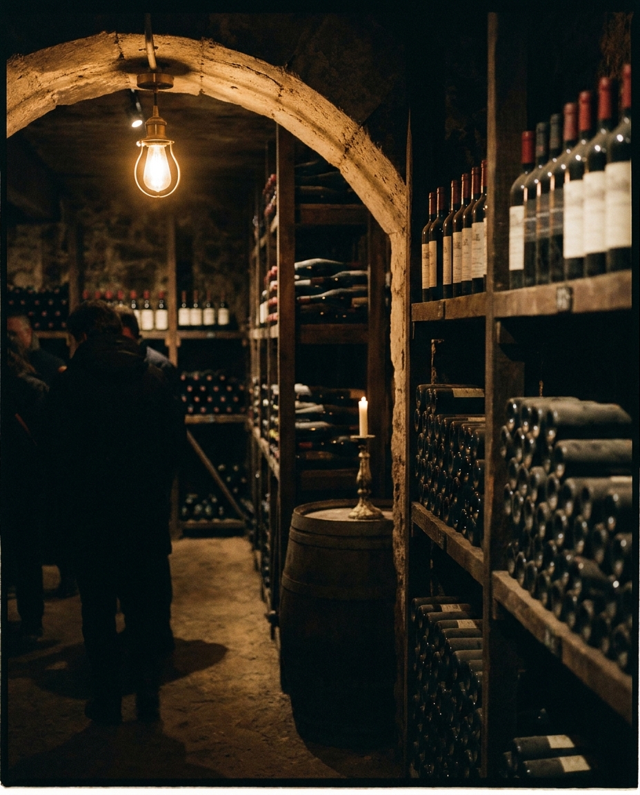 Cellar shelves in low warm light
