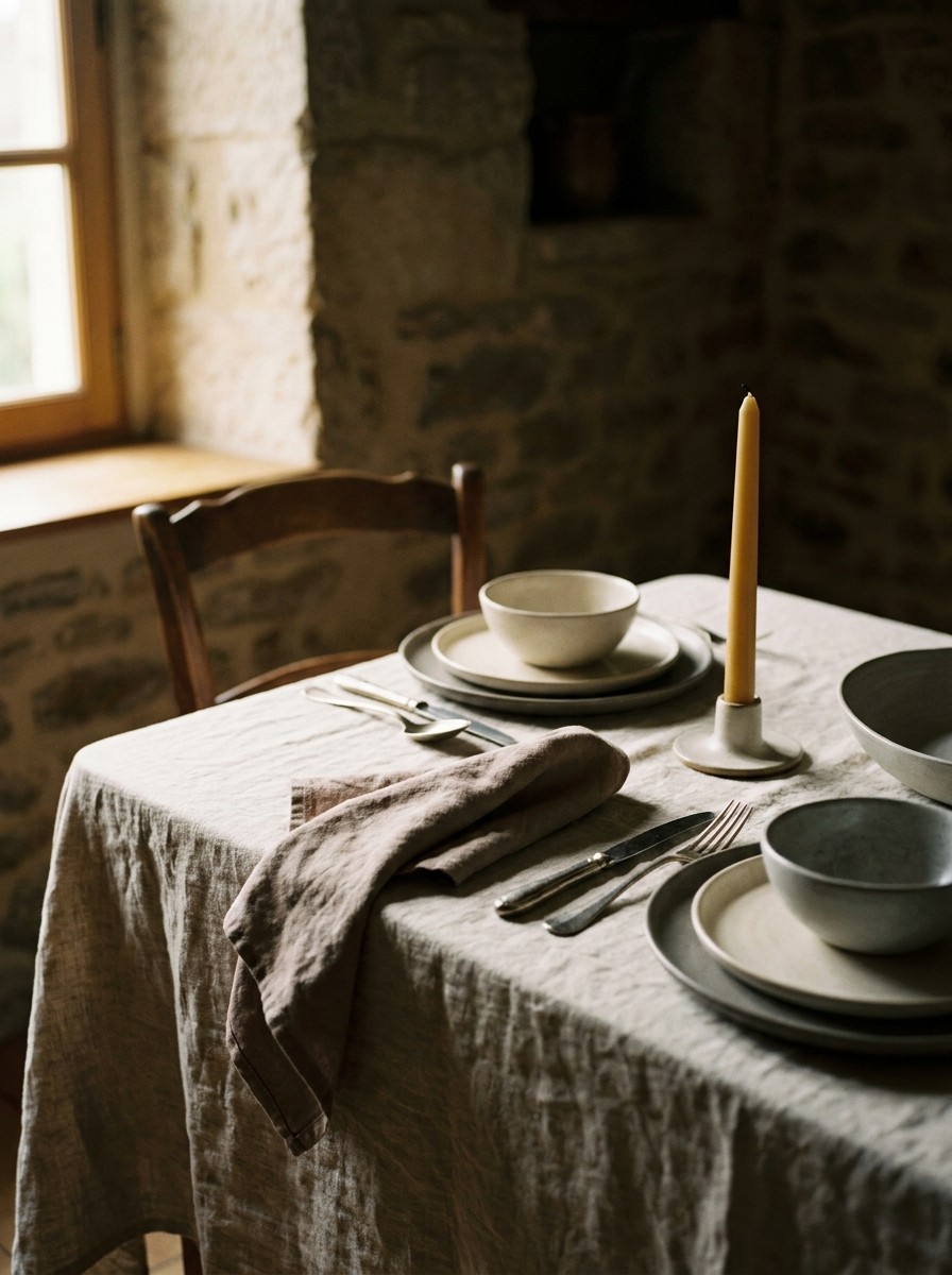 A single set table in a dark dining room, white linen and an unlit candle
