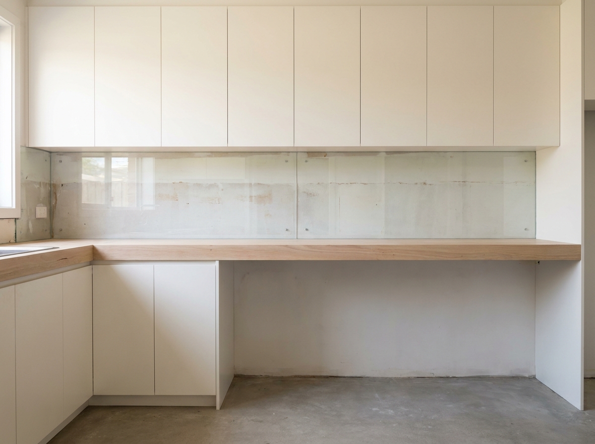 An AI-rendered minimalist kitchen, white joinery and timber benchtop