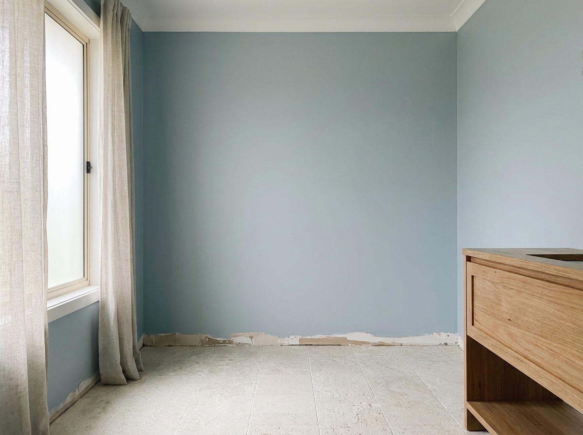 An AI-rendered coastal bathroom scheme in soft neutrals