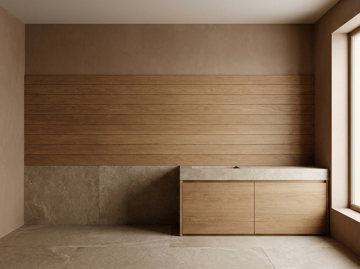 An AI-rendered japandi bathroom in warm stone and wood