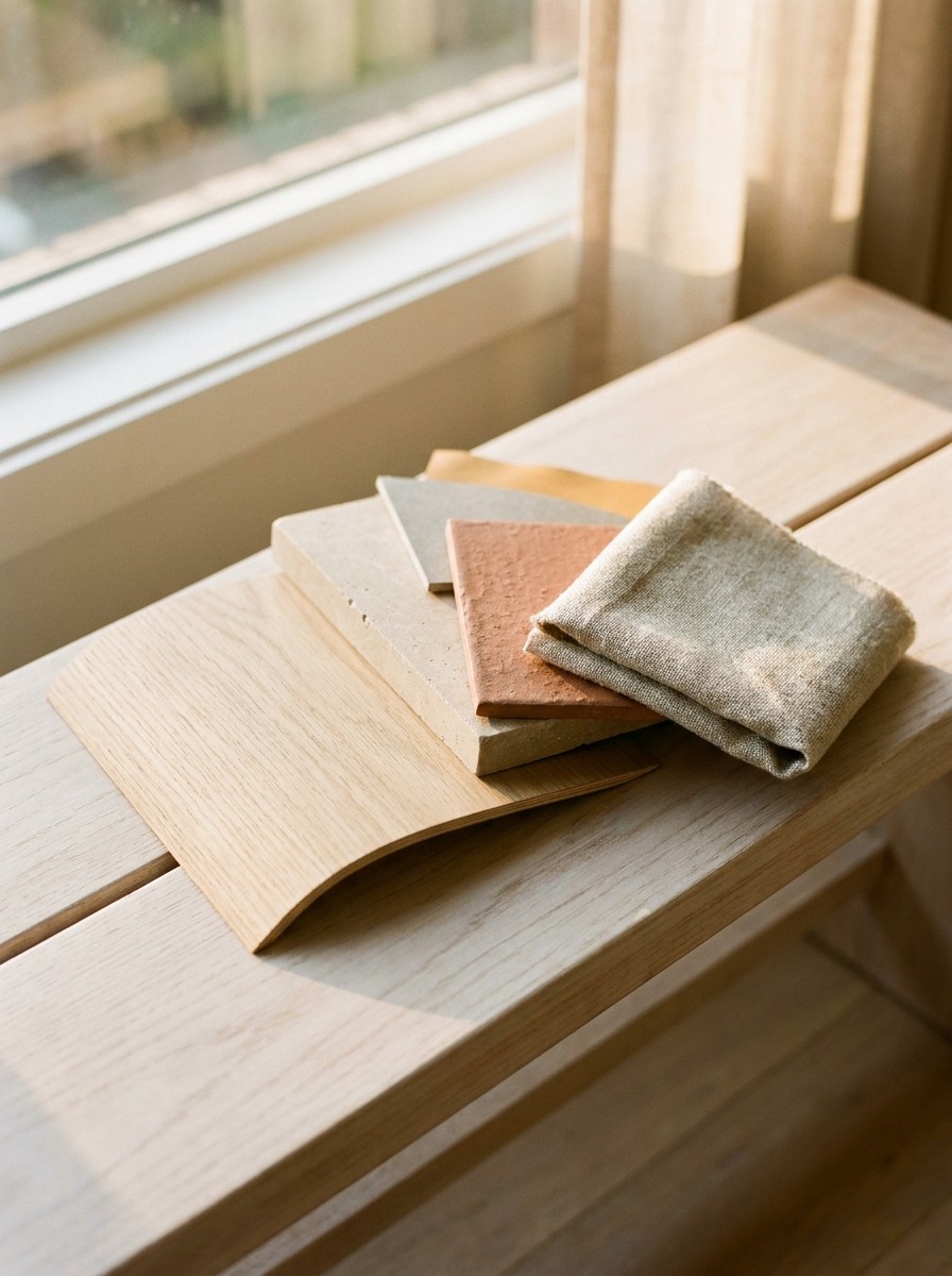 Material samples fanned on a pale bench: timber, stone, tile and linen