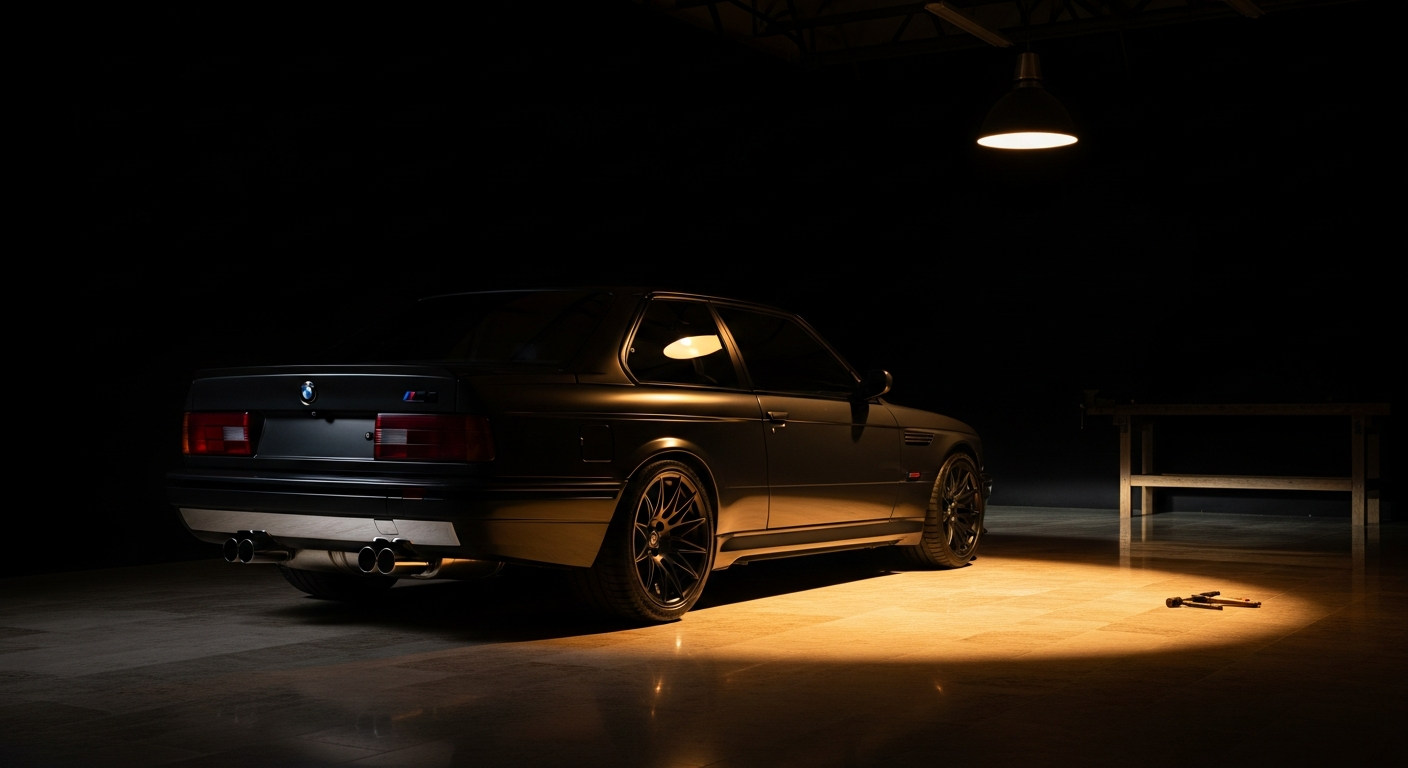 Editorial dark workshop interior — matte black BMW in shadow