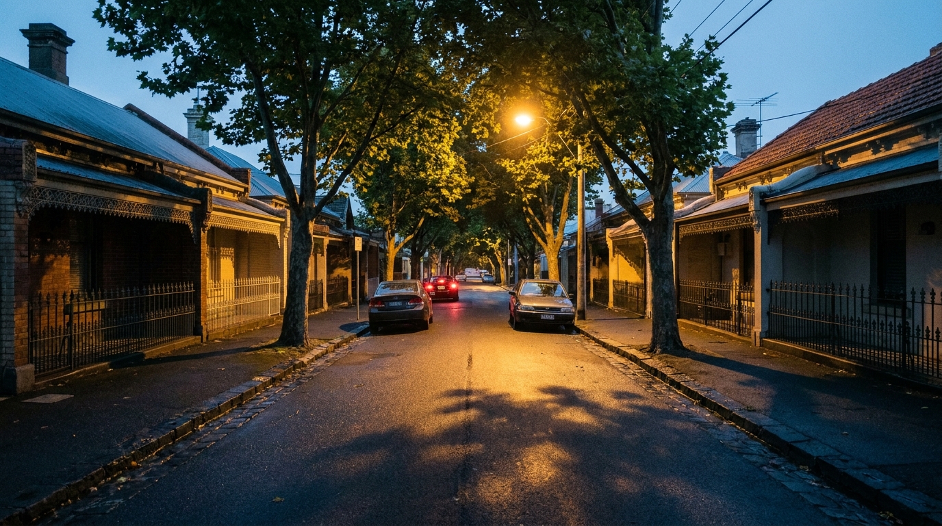 Vigil — Melbourne terrace street at night, amber sodium light