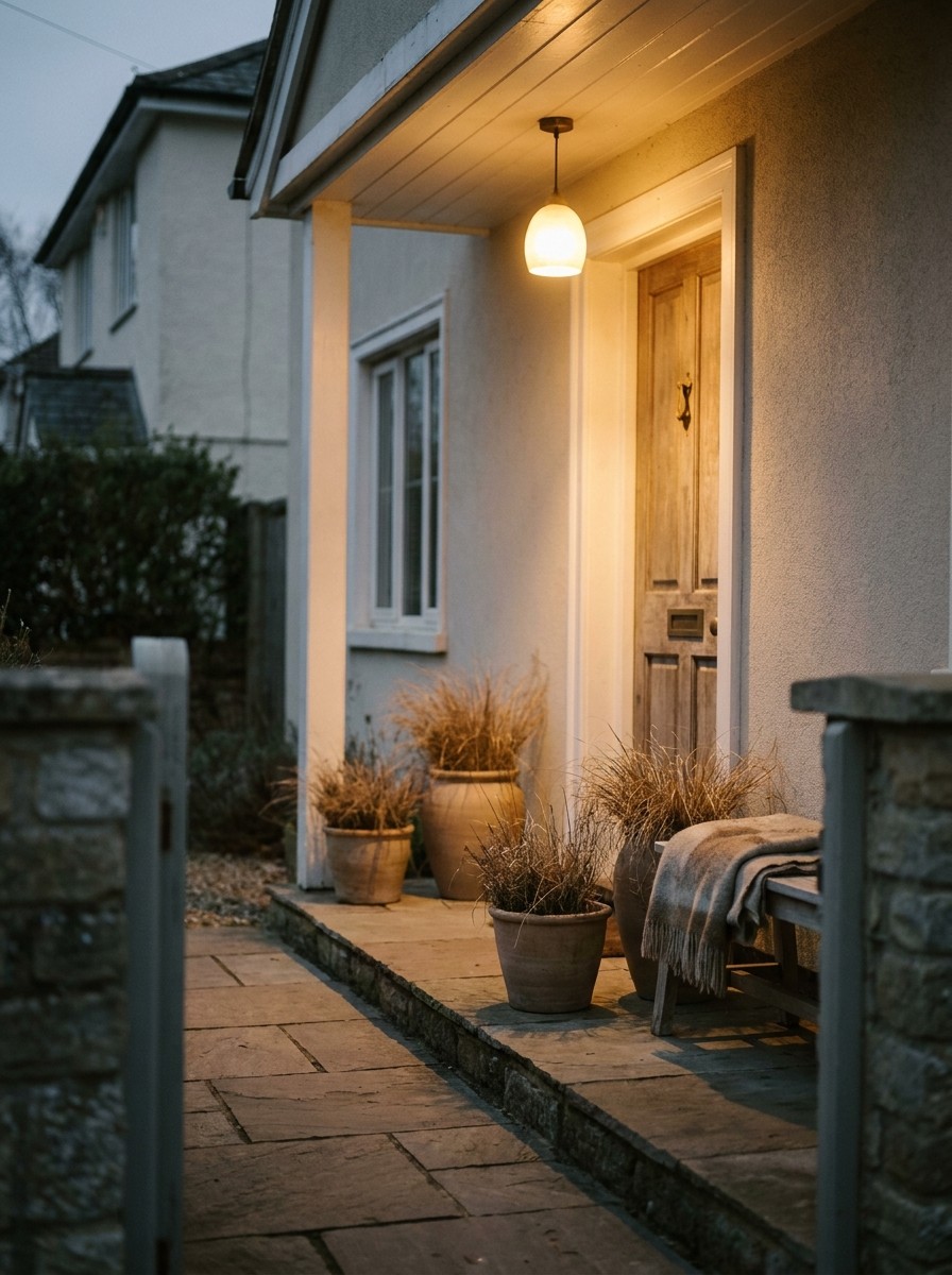 A suburban gate and porch at dusk with one warm light above the door